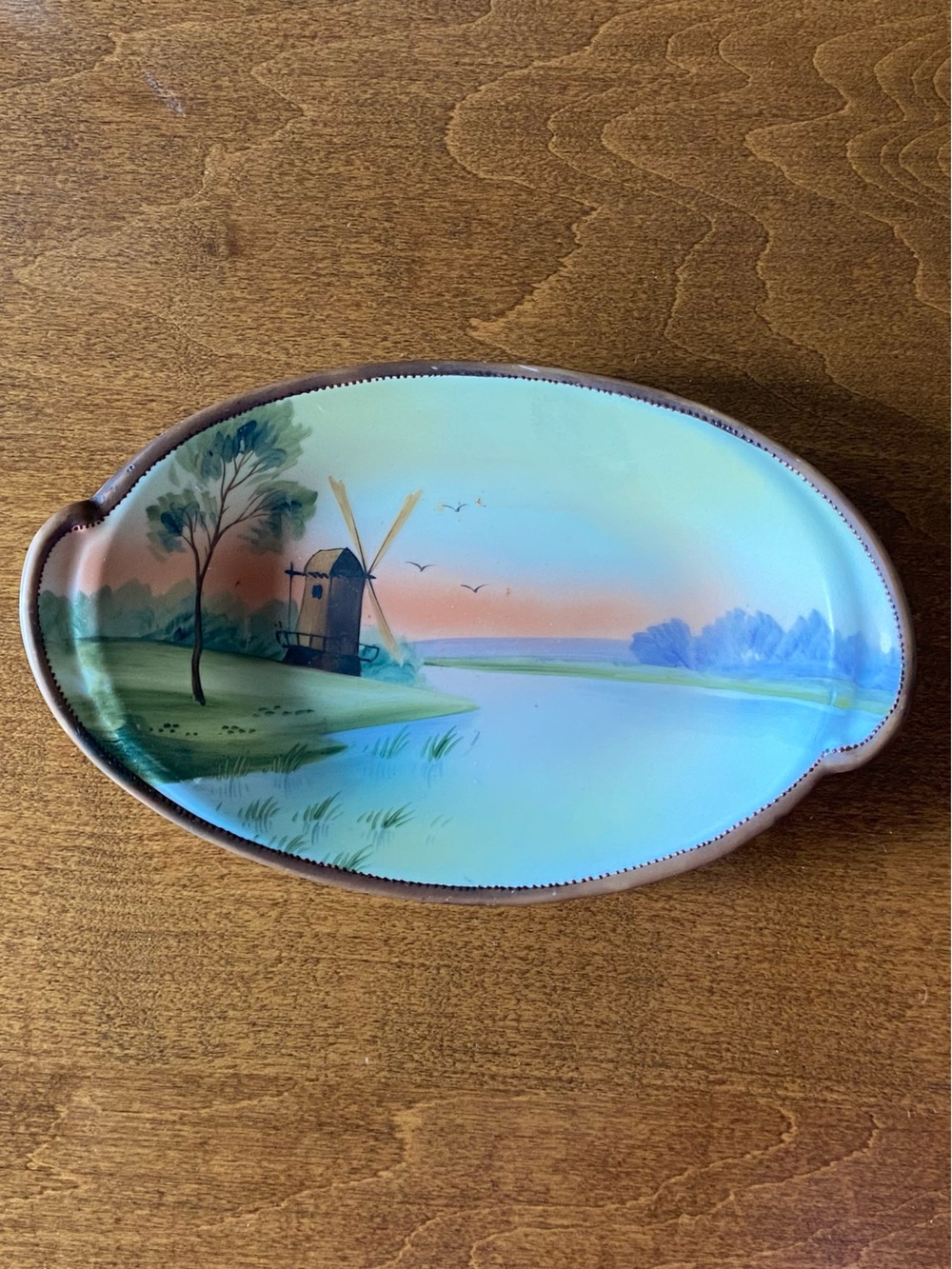 Antique Hand Painted Nippon Porcelain Windmill Scenic Bon Bon Dish Japan - Picture 2 of 6